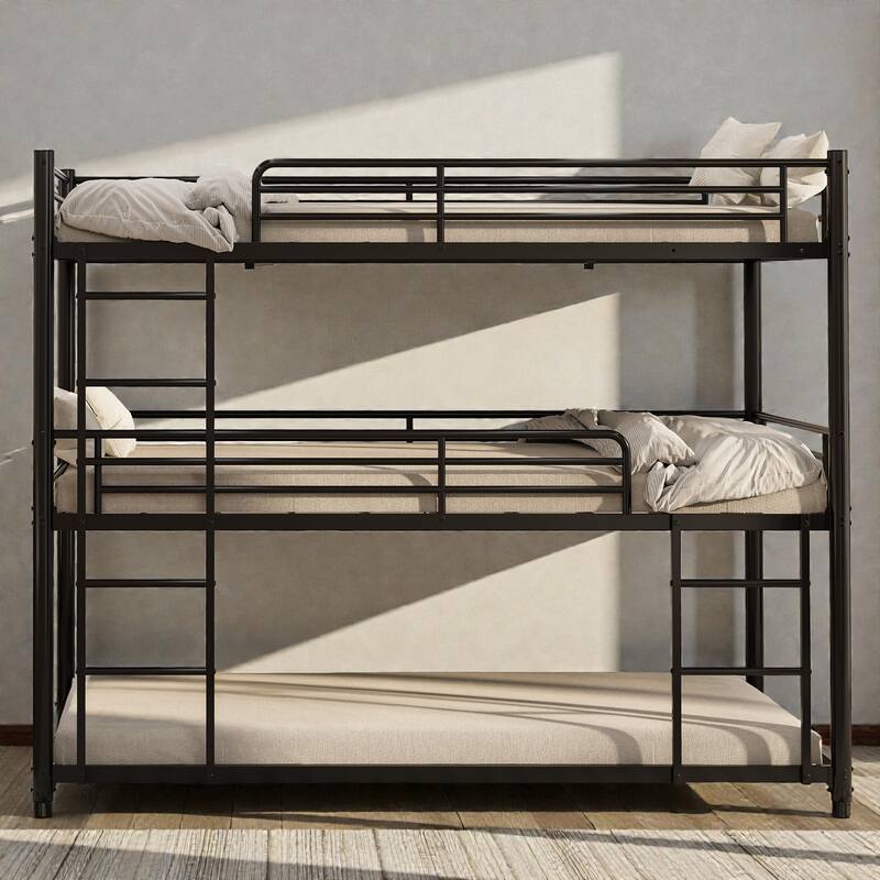 Twin Over Twin Over Twin Metal Triple Bunk Bed with Safety Rails, Non-Slip Ladder, Space Saving Design - Black - Twin