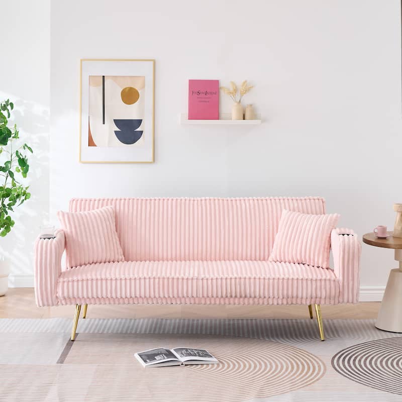 Loveseat Sofa, Adjustable Backrest Corduroy Love Seat Bed w2 Cup holder & 2 Pillows Living Room 2-seat Hollow Armchair - Pink