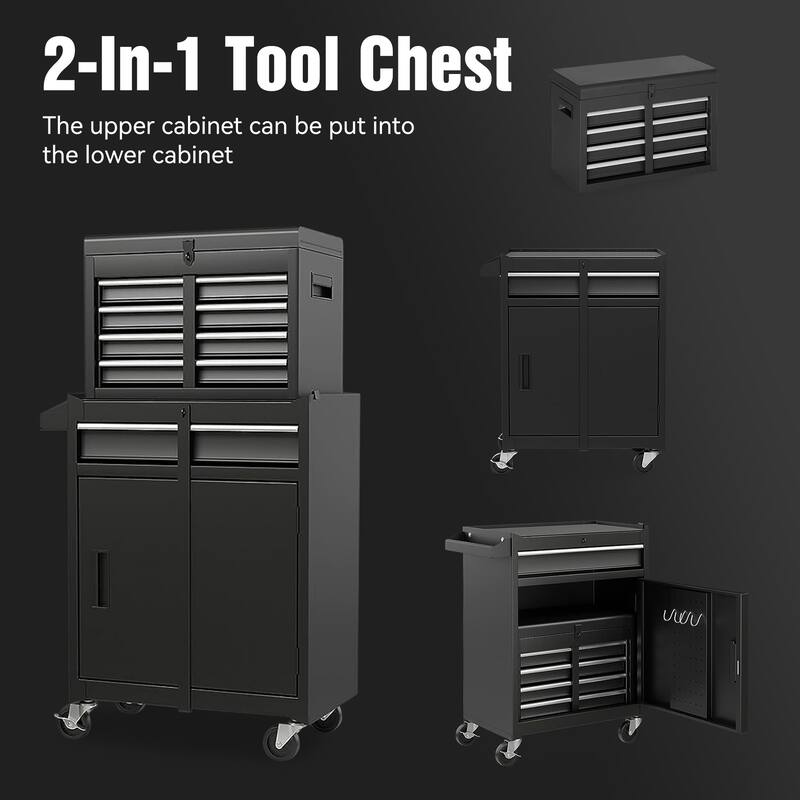 Anmytek 2 in 1 Rolling Tool Chest Garage Workshop Storage Cabinet with Wheels,Adjustable Shelf, Locking Mechanism