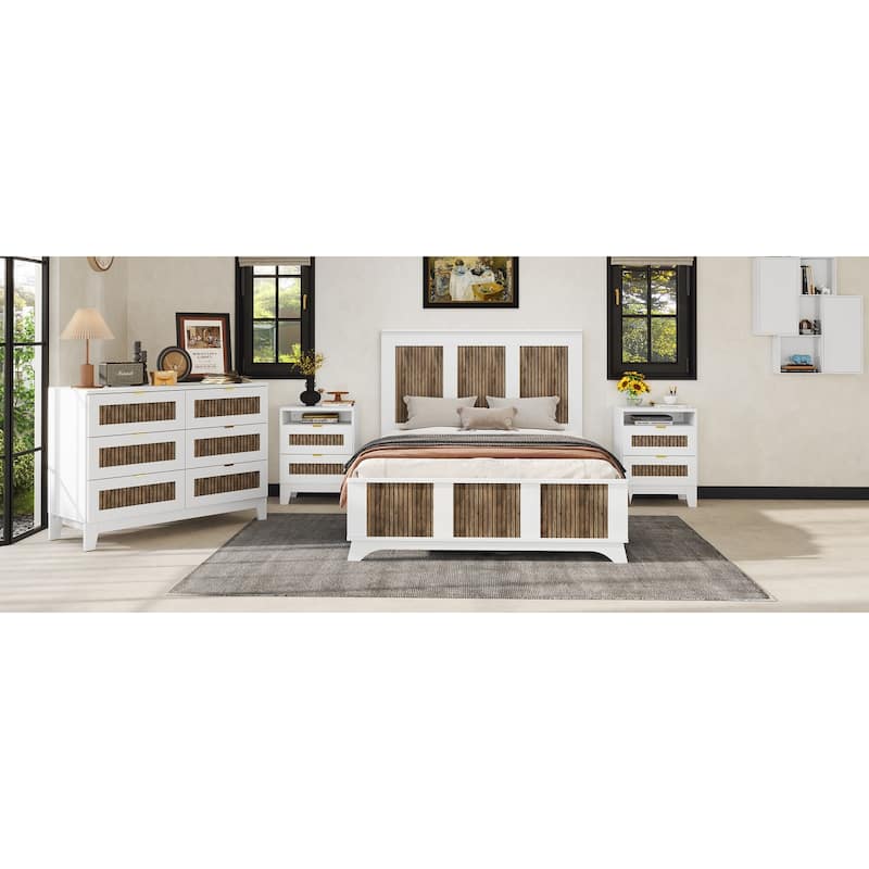 Full-Size Wood Platform Bed Frame with Headboard - Wooden Strip Decoration and Plywood Slat Support