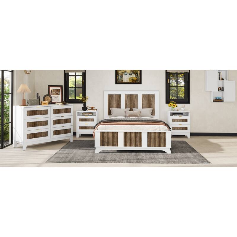 Stylish Platform Bed Slats Support Wood Bed, Rustic Farmhouse Style Bed Frame with Wooden Strip Decoration Elevated Headboard