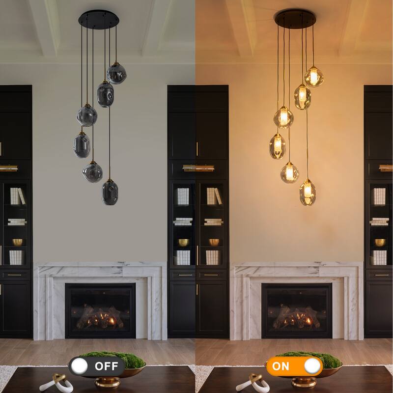 18" 6-Light Smoked Irregular Glass Round Pendant Light, Frosted Tubes