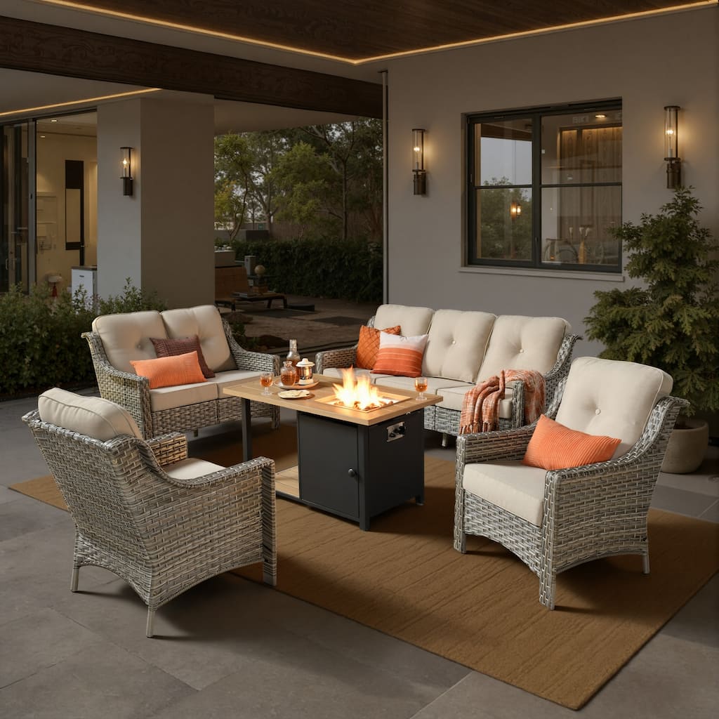 XIZZI 5-Piece Patio Wicker Furniture Conversation Set with Firepit
