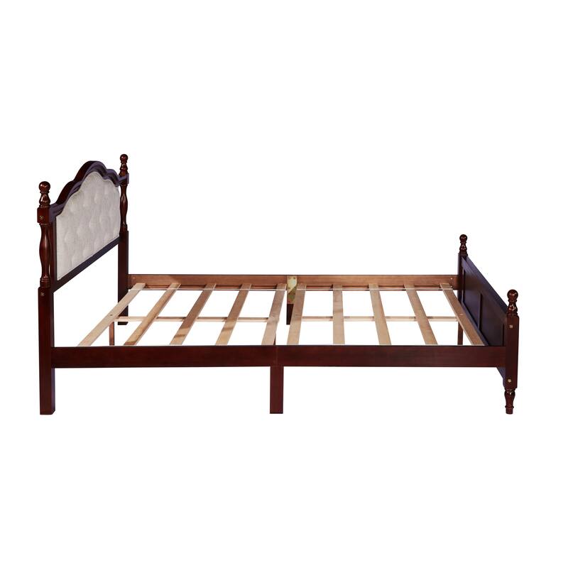 Roomfitters Queen Pine Wood Bed Frame with Upholstered Headboard and Panel Footboard, Platform Support Design, Cherry