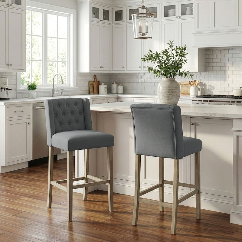 Set of 2 Aled Grey Fabric Bar Stool with Side Wings and Tufted Buttons