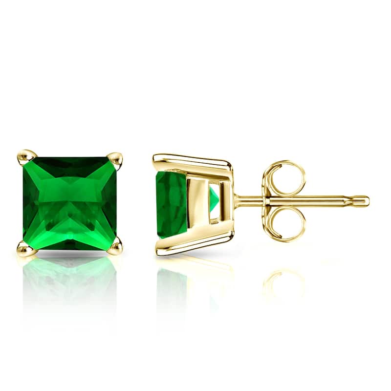 Auriya 14k Gold Lab Grown Gemstone Green Emerald Stud Earrings Princess 0.25 to 5.00 ct. tw. 4-Prong Basket Push-Back - 0.50ct tgw. - Yellow