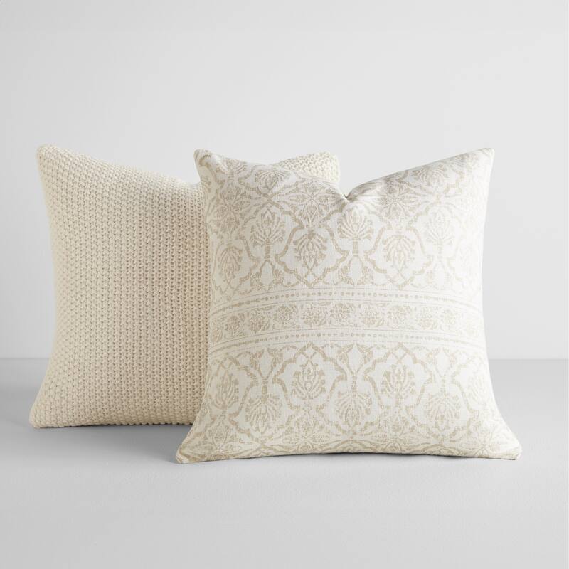 2-Pack Decor Throw Pillows Seed Stitch Knit with Cotton Patterns in Antique Floral - Natural