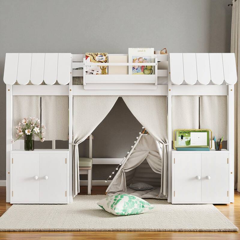 Twin/Full Loft Bed with Bookshelf, Curtain Playhouse, Storage Shelf, Cottage Roof Design and Safety Guardrails for Kids