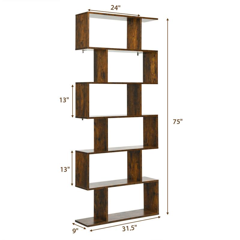 Gymax 6 Tier S-Shaped Bookshelf Storage Display Bookcase Decor Z-Shelf - 31.5'' x 9'' x 75''