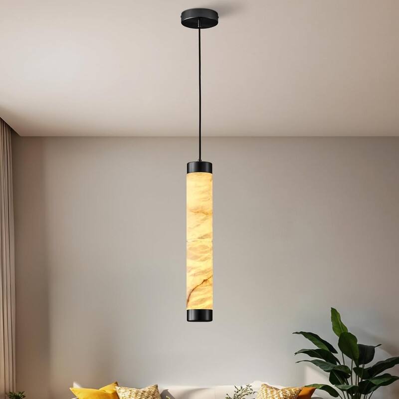 KAYLA Natural Alabaster Pendant Light - Brass Cylinder Marble Long Hanging Light - 19in - Black