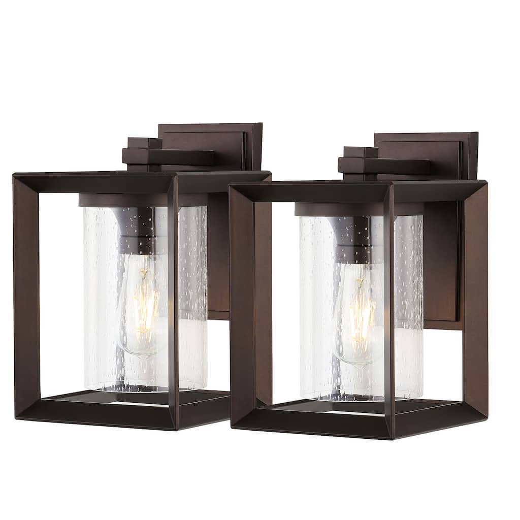 Bungalow 7.25" 1-Light Iron/Glass Modern Rustic Cube LED Outdoor Lantern, Oil Rubbed Bronze (Set of 2) by JONATHAN Y