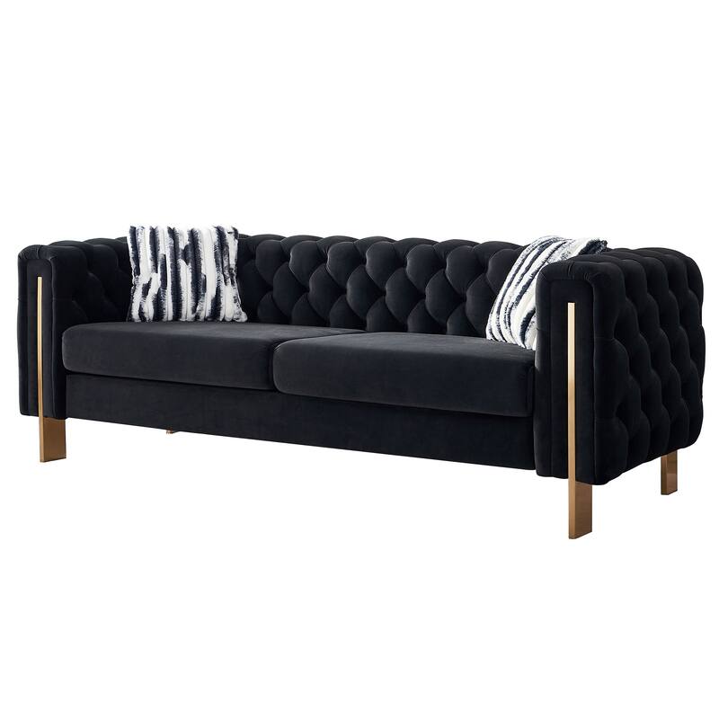 Velvet Tufted Sofa with Gold Metal Legs & Toss Pillows - 84" Width