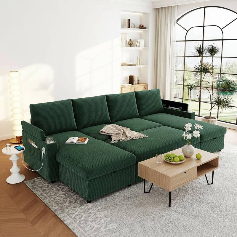 Ultimate U-Shaped Convertible Sofa Bed with Storage Chaise, Cup Holders & USB Ports by Harper&Bright Designs - Green