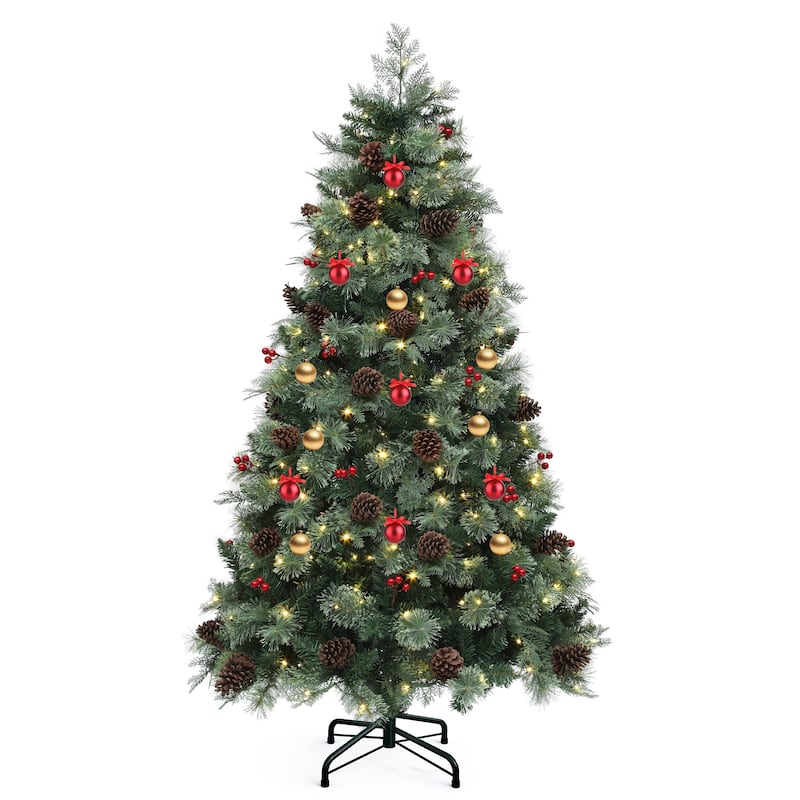 7.5ft Prelit Artificial Carolina Pine Christmas Tree with Remote, Green Artificial Hinged Christmas Tree w/ 1200 Mixed Tips