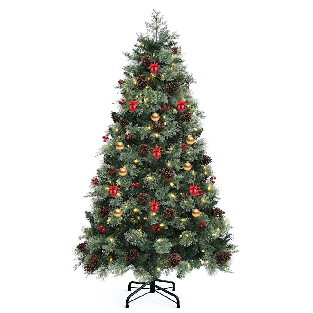 6/7.5ft Prelit Artificial Carolina Pine Christmas Tree with Remote, Green Artificial Hinged Christmas Tree w/ 1200 Mixed Tips