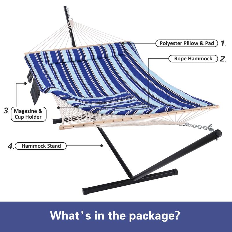Hammock Double Hammock with Stand, Two Person Cotton Rope Hammock