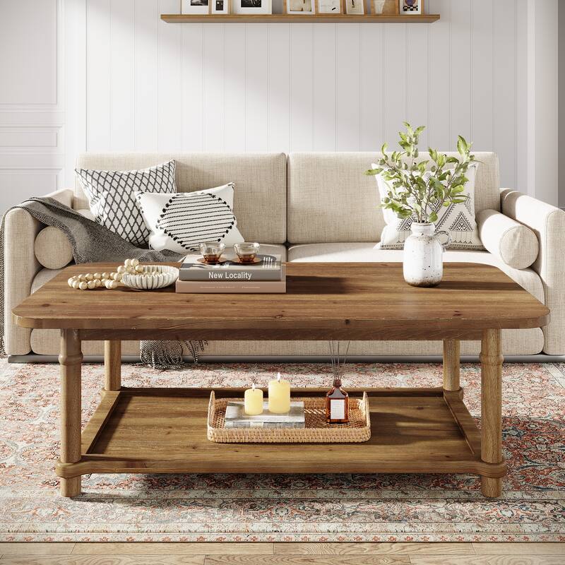 47" Rectangle Coffee Table, Solid Wood Center Table with 2-Tier Storage