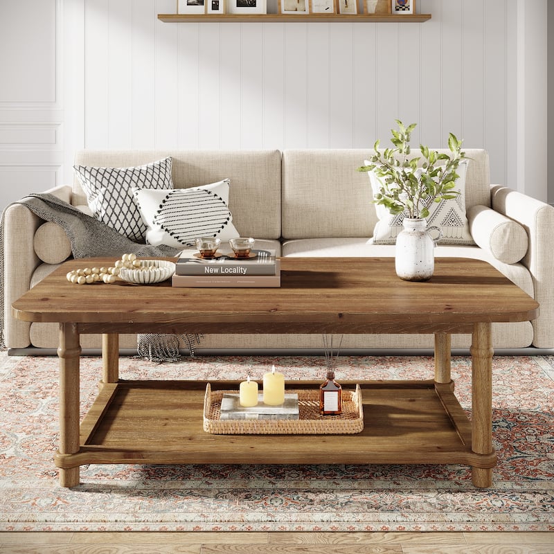 47" Rectangle Coffee Table with Storage Shlef, Solid Wood, Turned Leg