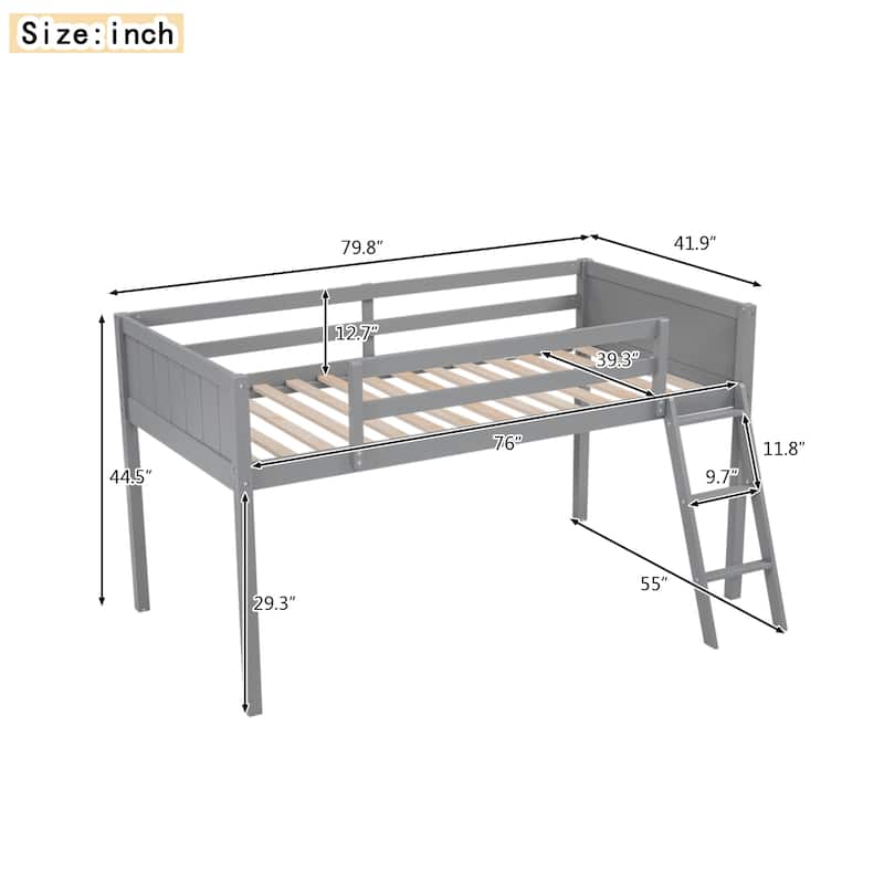 Wood Low Loft Bed with Ladder, Ladder Can Be Placed on the Left or Right