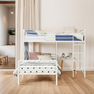 Stylish & Modern Geo Cutout Colorful Twin L-Shaped Bunk Bed, Durable, Cool-grey painted finish, Space-saving, White