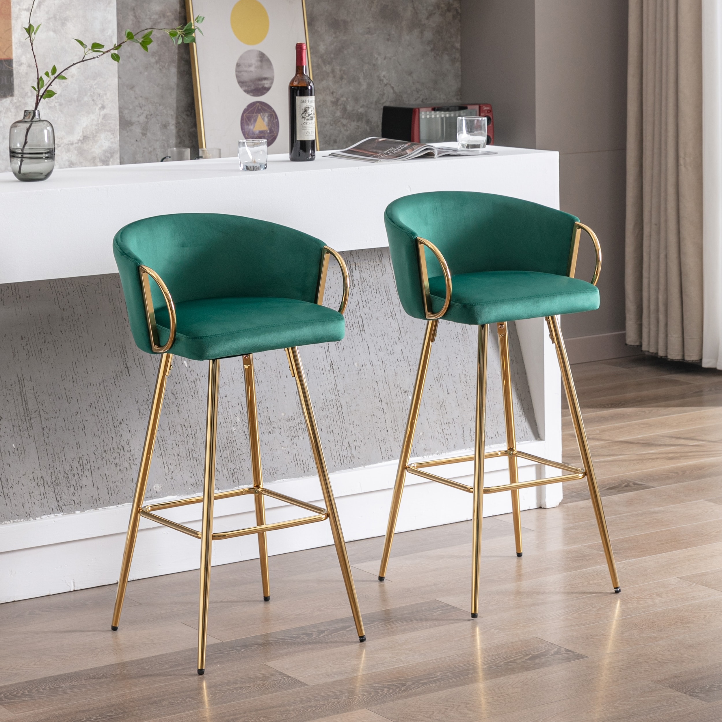 Set of 2 26" Bar Stools, Green Velvet with Chrome Footrest & Gold Legs