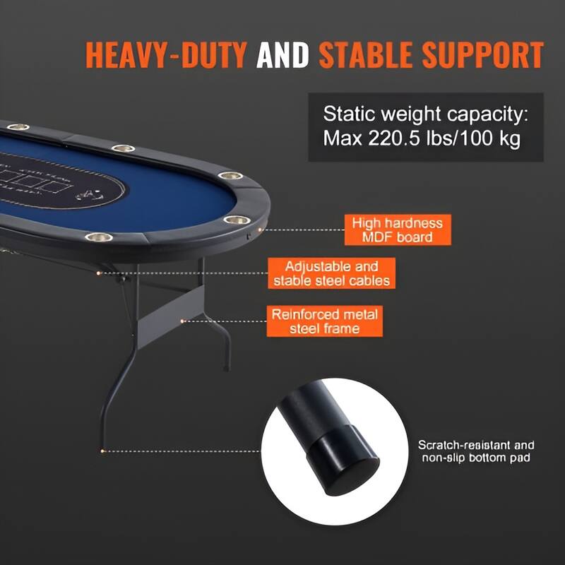 Blue Foldable Poker Table, Tool-Free Assembly and Sturdy Metal Frame - 84.3” L x 42.1” W x 29.9” H