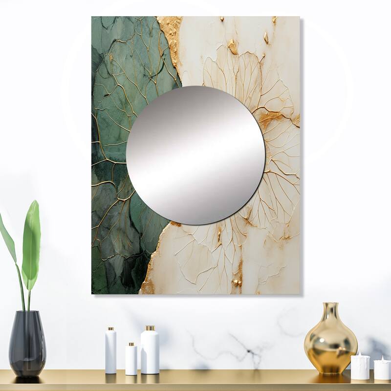 Designart "Green Gold Minimalism Poteries I" Abstract Spirals Green Modern Large Mirror Wall Art For Bathroom - 24 in. wide x 32 in. high