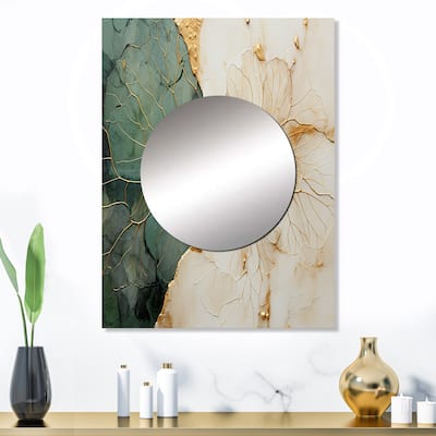 Designart "Green Gold Minimalism Poteries I" Abstract Spirals Green Modern Large Mirror Wall Art For Bathroom