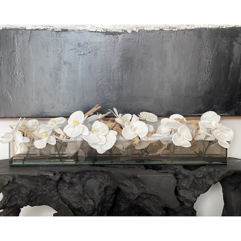 36 Inch Casa Moderna Black Tinted Glass Plate Planter with white Phalaenopsis orchids - 36