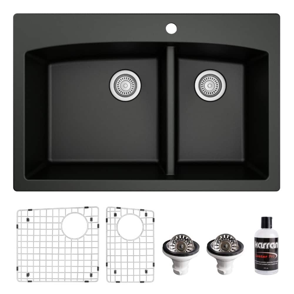 Karran Drop-In Quartz 33 in. 1-Hole 60/40 Double Bowl Kitchen Sink Kit