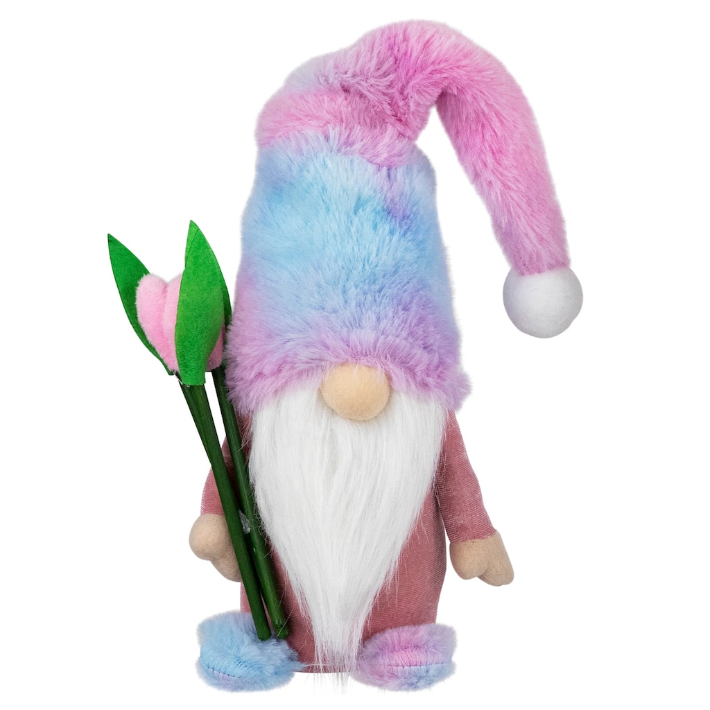 Gnome Boy with Tulips Spring Figurine - 15" - Purple and Blue