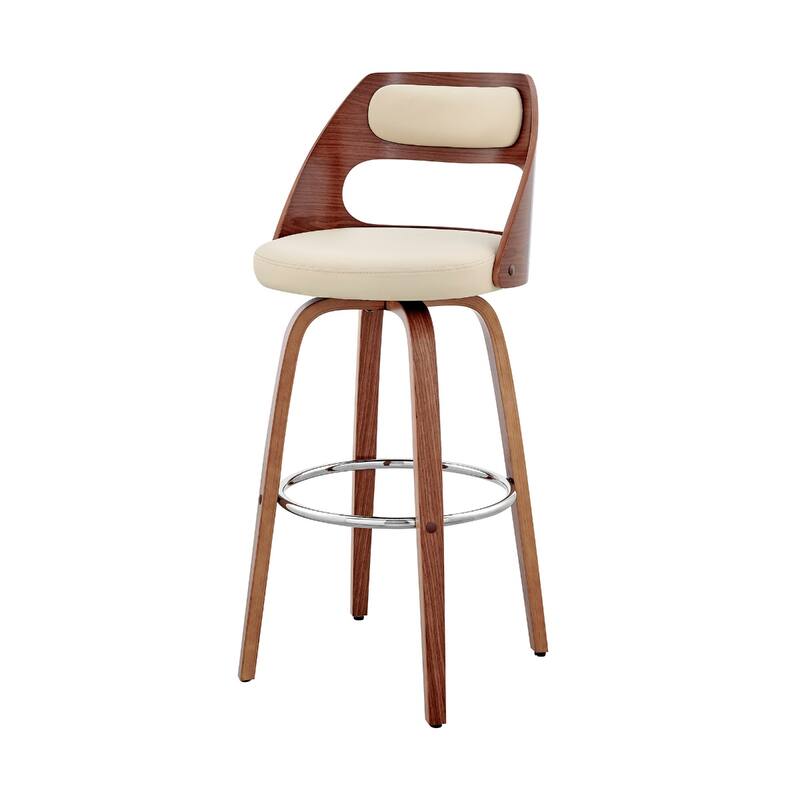 Faux Leather Swivel Bar Chair with Full Back and Walnut Wood Frame
