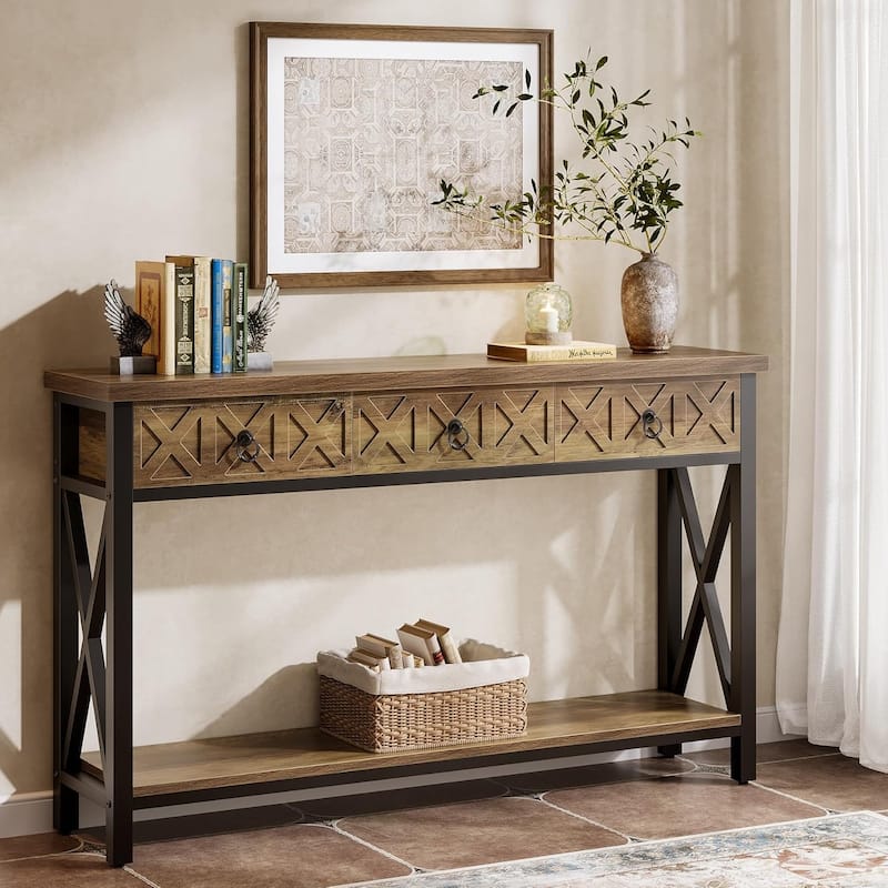 55" Farmhouse Narrow Console Table with 3 Drawers, Long Rustic Entryway Table with 2-Tier Storage Shelf - Brown and Black