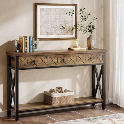 55" Farmhouse Narrow Console Table with 3 Drawers, Long Rustic Entryway Table with 2-Tier Storage Shelf