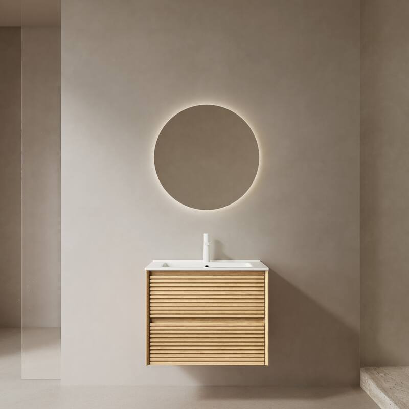 Minimalist Wall Floating Bathroom Vanity Horizontal Stripe Storage Cabinet with Integrated Sink and 2 Soft Close Drawers - Natural - 24 Inch