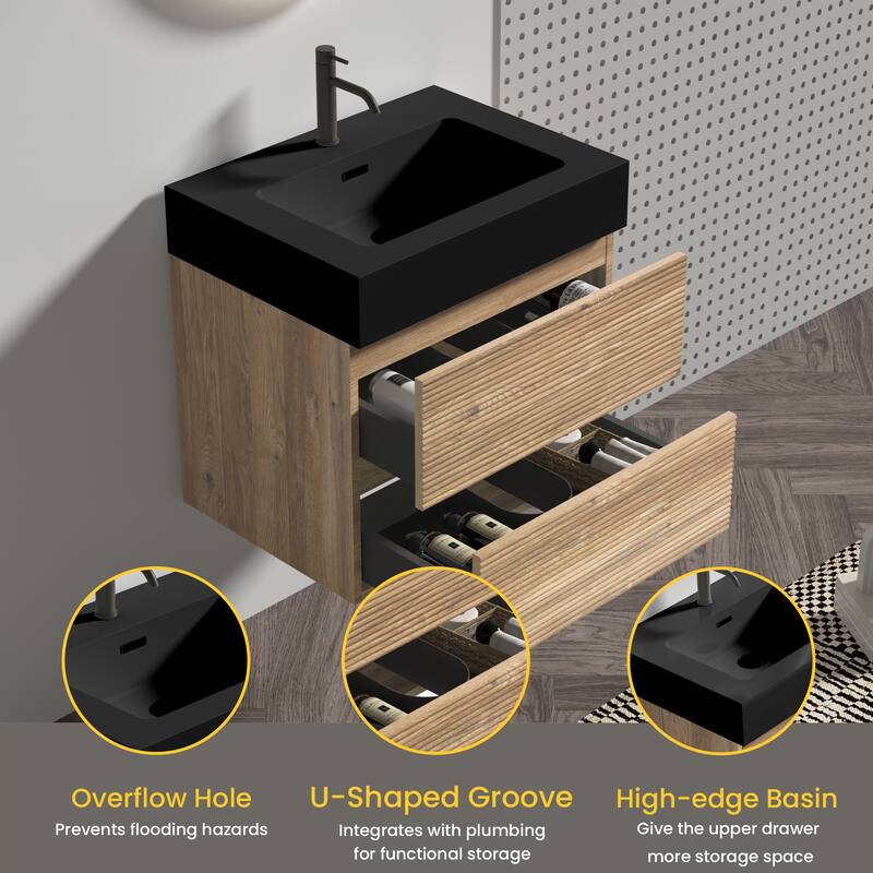 GDFStudio - Grace Wall-Mounted Bathroom Vanity with Engineered Quartz Sink & Soft Close Drawers, without Drainage and Faucet