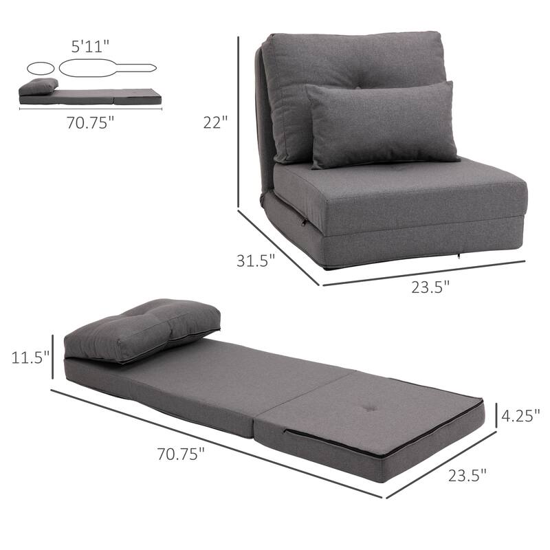 Adjustable Floor Linen Sofa Bed with Backrest Folding Couch with Pillow and Steel Frame - 23.5" W x 31.5" D x 22" H