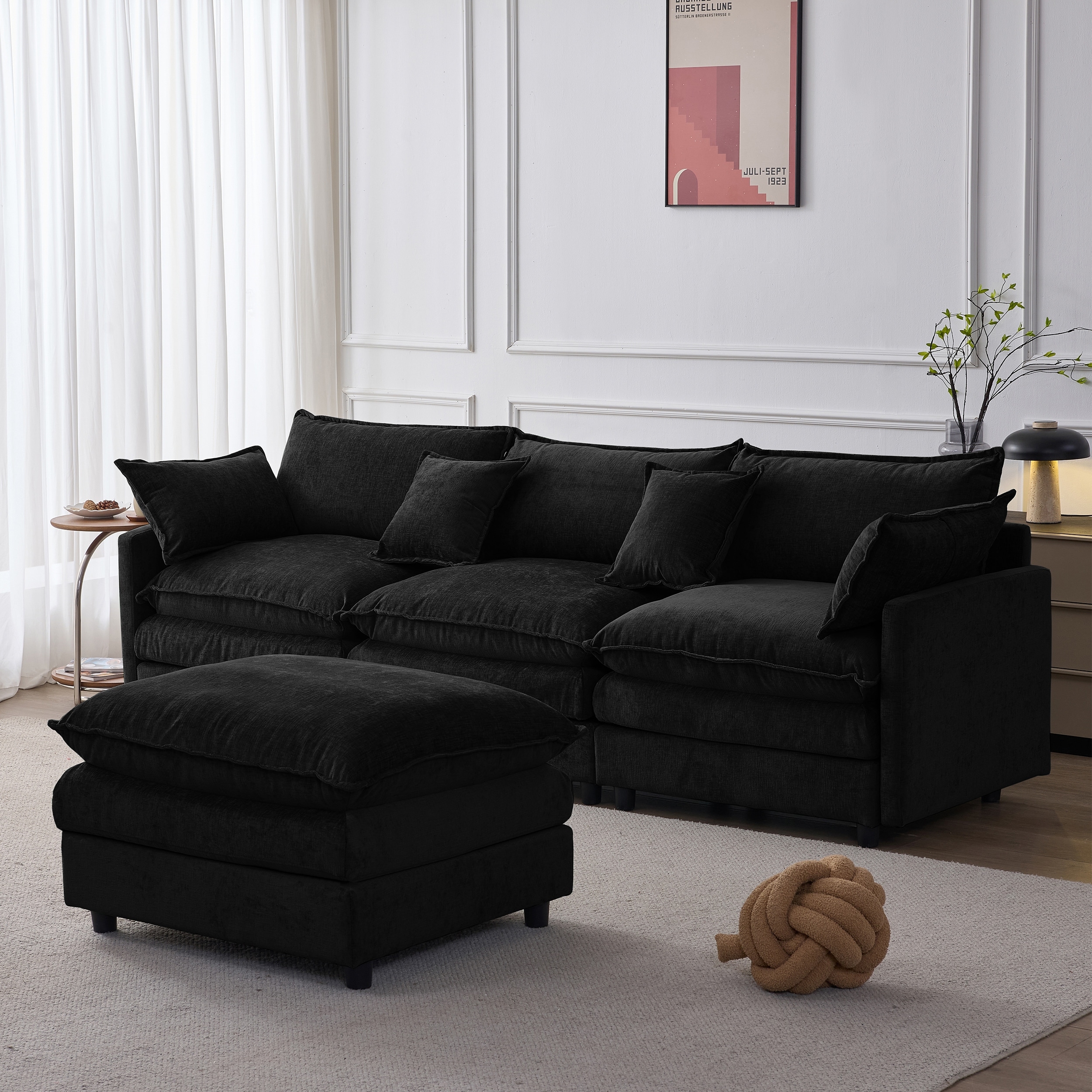 L Shaped Modular Sectional Sofa, Comfy Chenille Deep Seat Cloud Sofa, Upholstered 3 Seat Sofa with Removable Ottoman