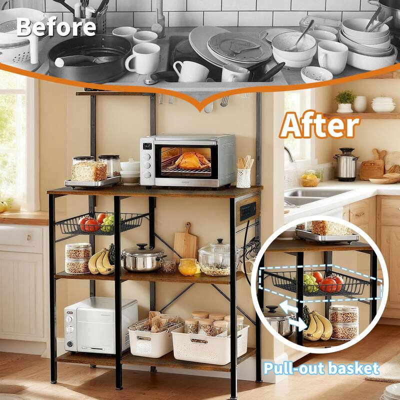 Bakers Rack with Power Outlet, Microwave Stand with Storage, Coffee Bar with S-Shaped Hooks, Kitchen Shelf with Wire Basket