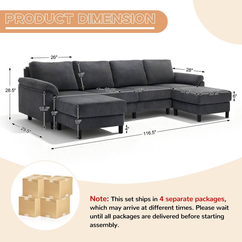 116.5" Corduroy U-Shaped Modular Sectional Sofa with 2 Movable Ottomans
