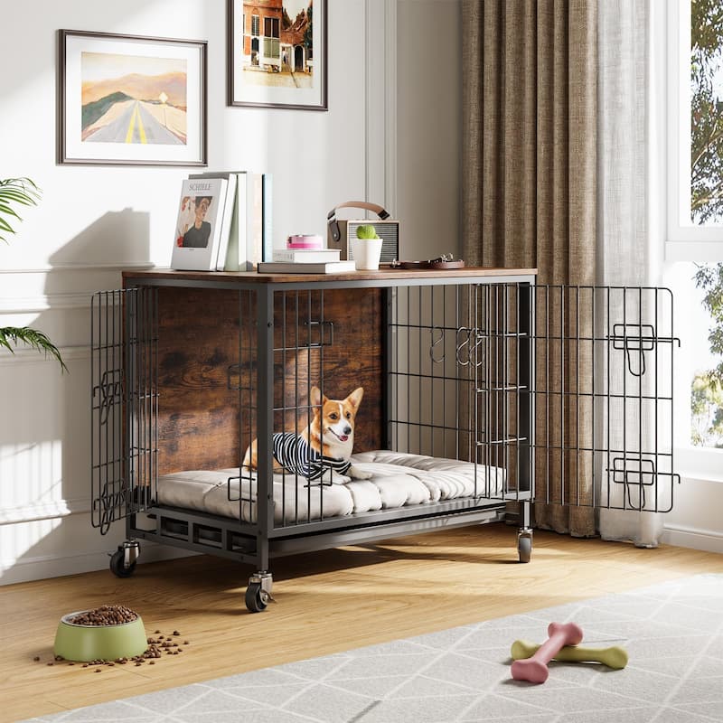 Dog Crate Furniture with Wheels, Indoor Kennel Table for Medium Dogs