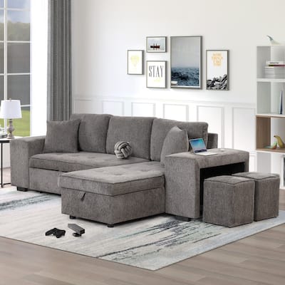 104.5" L-Shape 3 Seat Reversible Sectional Sofa Couch with Pull Out Bed, Sleeper Sofa with Storage Chaise and 2 Stools