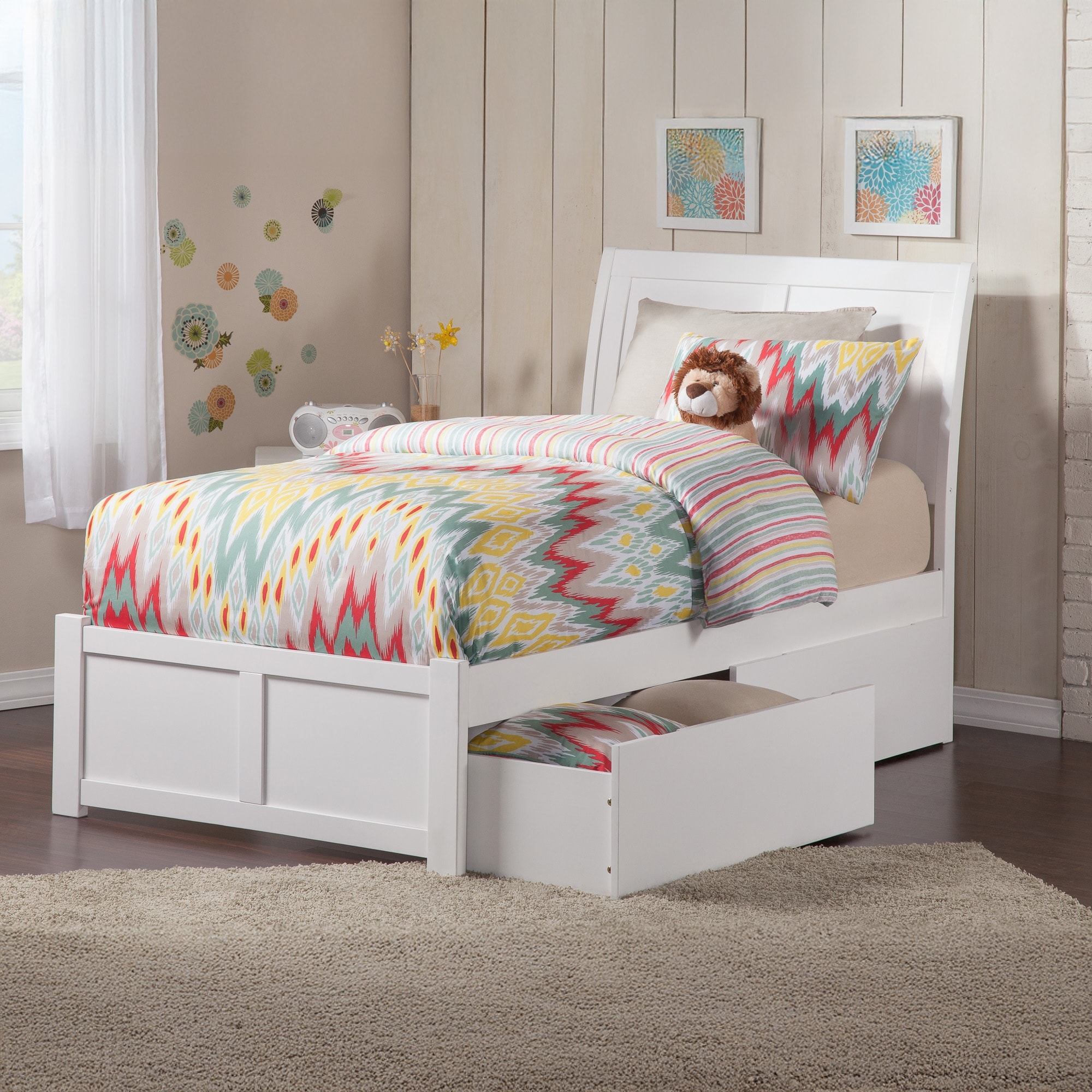Portland Twin Platform Bed with Footboard & 2 Storage Drawers in White