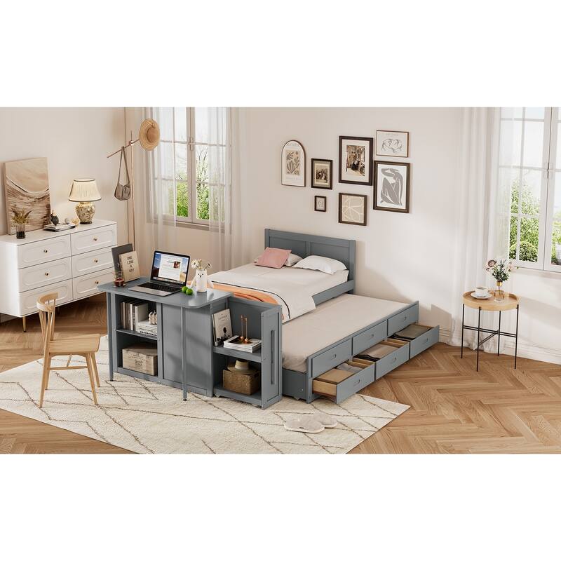 Space-Saving Twin Platform Bed with Built-in Desk, Trundle, 3 Drawers, and Storage Shelf
