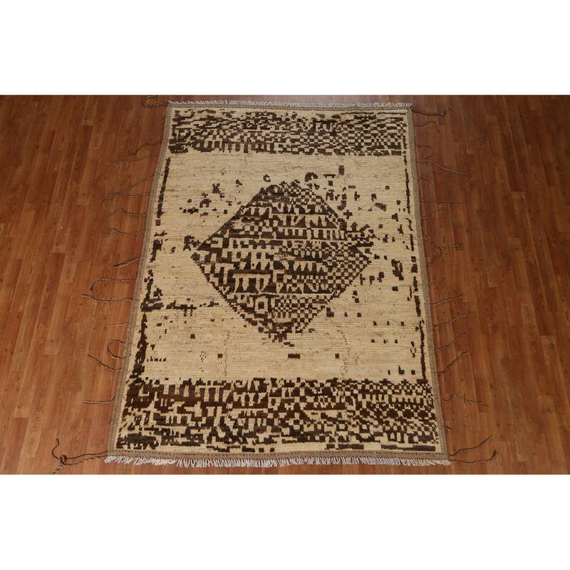 Hand Knotted Oriental 100% Wool Carpet Modern Tribal Beige & Ivories Moroccan Area Rug - 7' 10'' X 5' 9''