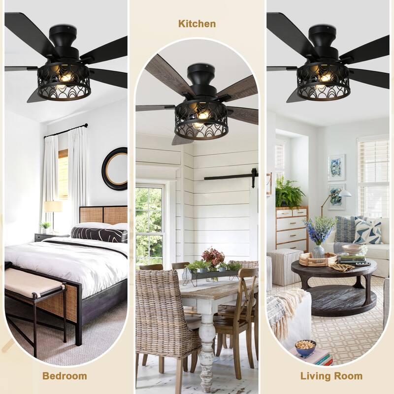 Bella Depot 52" Black Modern Flush Mount Ceiling Fan with Light and Remote