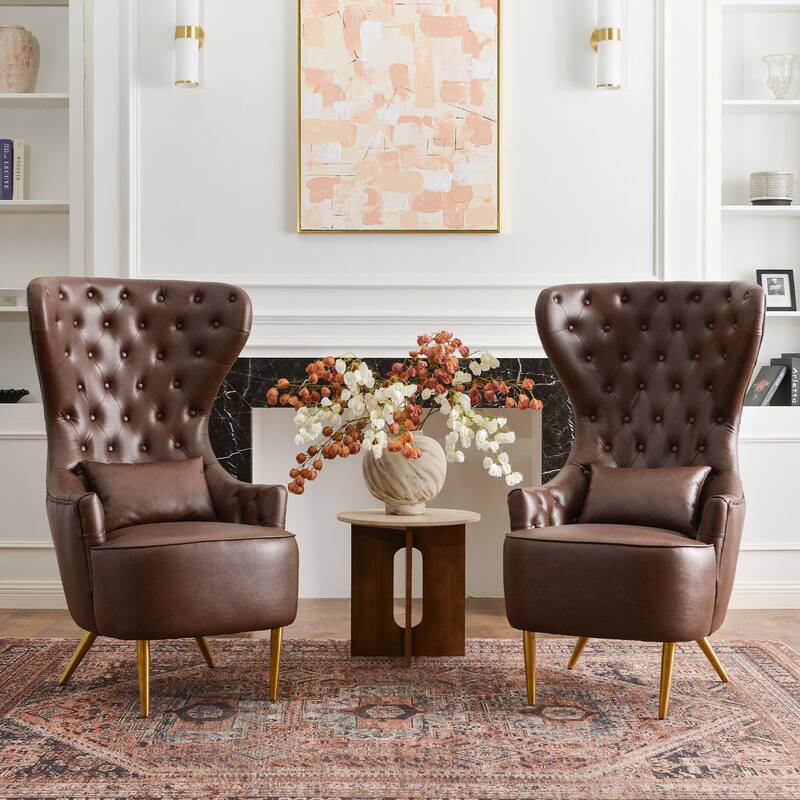KINWELL Upholstered Tufted Faux Leather Wingback Chair PU Accent Chair - Set of 2 - Dark Brown