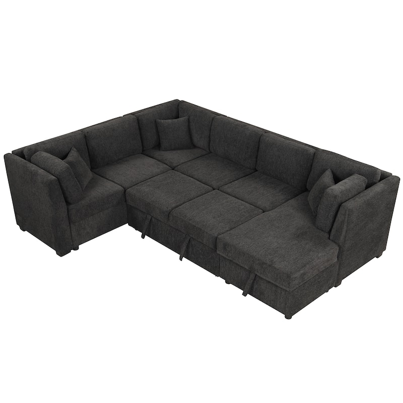 Roomfitters U-Shaped Sectional Sofa Pull-Out Bed with USB Ports, Power Sockets, Three Back Pillows, and Storage Chaise