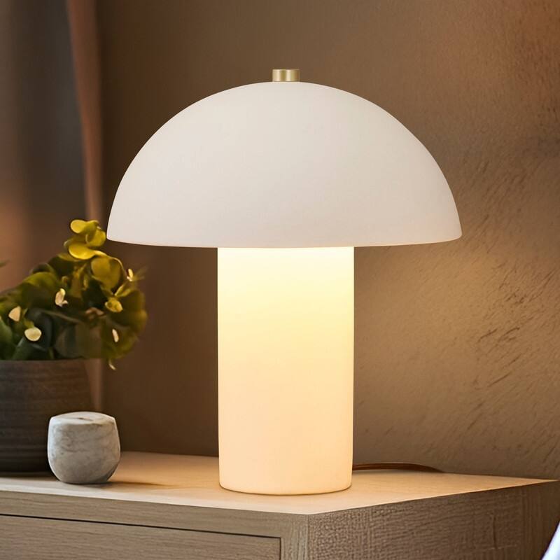 Brightech Alba LED Off-White Cream Ceramic Midcentury Round Dome Dimmable Bedside Nightstand Desk Lamp