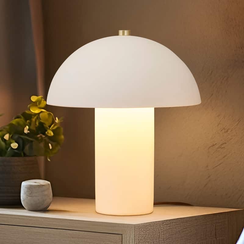 Brightech Alba LED Off-White Cream Ceramic Midcentury Round Dome Dimmable Bedside Nightstand Desk Lamp